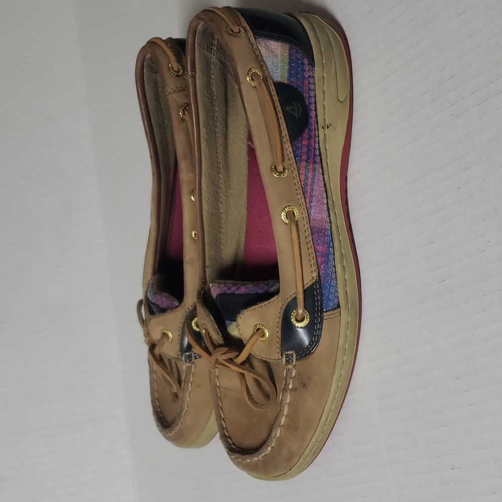 Sperry tan purple pink sequined boat shoe